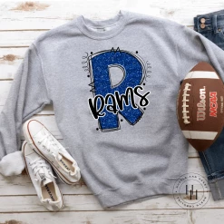 Hustle & Heart NC School Doodle Designs Rams Blue Glitter Varsity Doodle