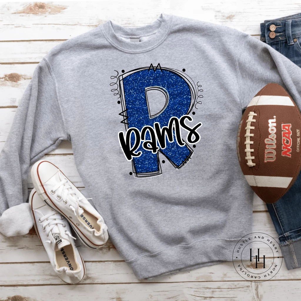 Hustle & Heart NC School Doodle Designs Rams Blue Glitter Varsity Doodle