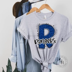 Hustle & Heart NC School Doodle Designs Rangers Royal Blue Glitter Varsity Doodle