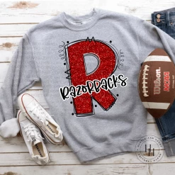 Hustle & Heart NC School Doodle Designs Razorbacks Red Glitter Varsity Doodle