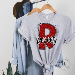 Hustle & Heart NC School Doodle Designs Rebels Red Glitter Varsity Doodle