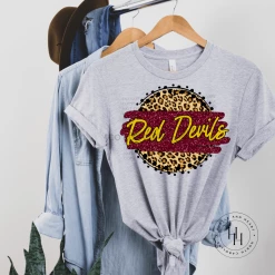 Hustle & Heart NC Faux Glitter Leopard Circle Designs Red Devils Tan Leopard Graphic Tee