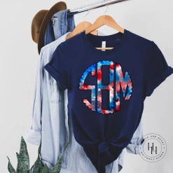 Hustle & Heart NC Monogram Tees Red White Blue Tie Dye Monogram Graphic Tee