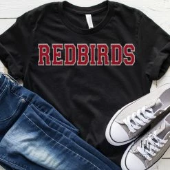 Hustle And Heart NC REDBIRDS Red/Silver Faux Chenille Letters Graphic Tee Faux Chenille And Glitter Letter Patch Tees