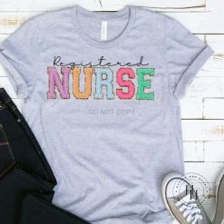 Hustle And Heart NC Registered Nurse Faux Chenille Letters Graphic Tee Faux Chenille And Glitter Letter Patch Tees
