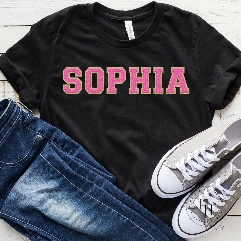 Hustle And Heart NC Sophia Hot Pink/Gold Faux Chenille Letters Graphic Tee Faux Chenille And Glitter Letter Patch Tees