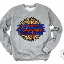 Hustle & Heart NC Faux Glitter Leopard Circle Designs Southwest Cougars Royal Blue/Orange With Black Outline Tan Leopard