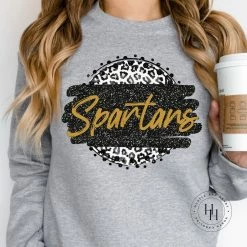 Hustle & Heart NC Spartans Grey Leopard Circle Graphic Tee Faux Glitter Leopard Circle Designs