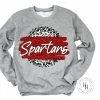 Hustle & Heart NC Faux Glitter Leopard Circle Designs Spartans Red Grey Leopard Graphic Tee
