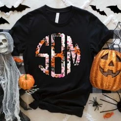Hustle & Heart NC Spooky Halloween Pink Brushstroke Monogram Graphic Tee Monogram Tees
