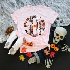 Hustle & Heart NC Spooky Halloween Pink Brushstroke Monogram Graphic Tee Monogram Tees