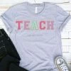 Hustle And Heart NC TEACH Hot Pink/Lilac/Mint/Gold Faux Chenille Letters Graphic Tee Faux Chenille And Glitter Letter Patch Tees