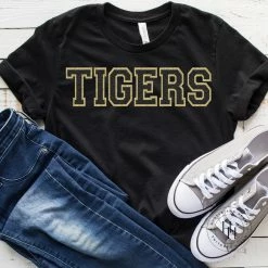 Hustle And Heart NC Tigers Black/Gold Faux Chenille Letters Graphic Tee Faux Chenille And Glitter Letter Patch Tees