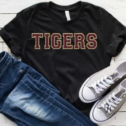 Hustle And Heart NC Faux Chenille And Glitter Letter Patch Tees Tigers Burgundy/Gold Faux Chenille Letters Graphic Tee