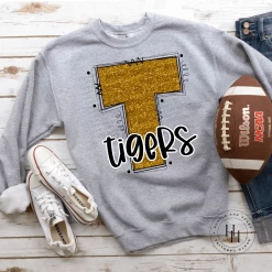 Hustle & Heart NC School Doodle Designs Tigers Gold/Black Glitter Varsity Doodle