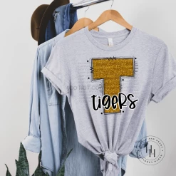 Hustle & Heart NC School Doodle Designs Tigers Gold/Black Glitter Varsity Doodle