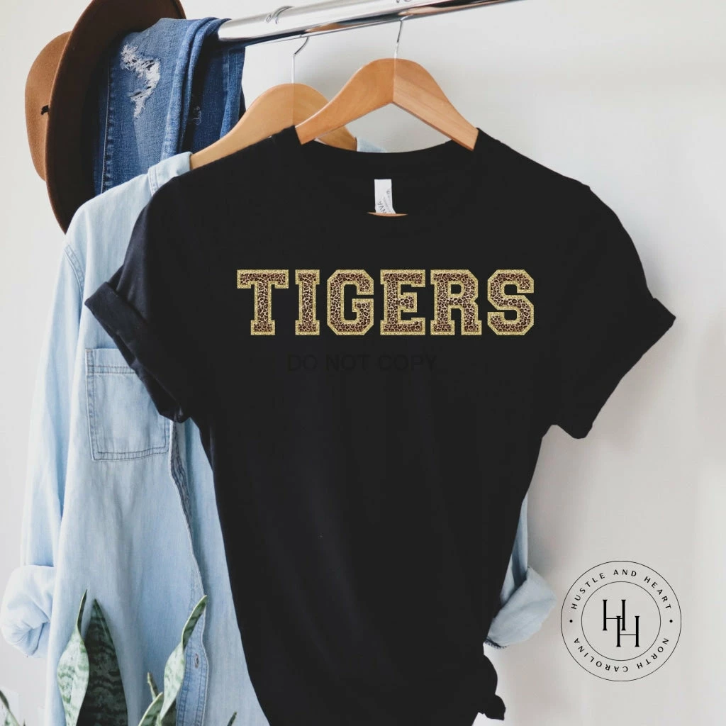 Hustle And Heart NC Faux Chenille And Glitter Letter Patch Tees Tigers Leopard Faux Chenille Letters Graphic Tee