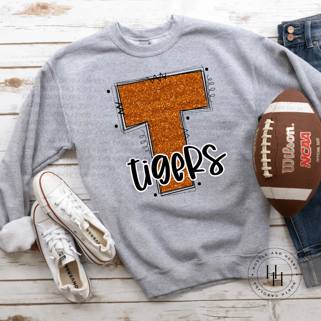 Hustle & Heart NC Tigers Orange Glitter Varsity Doodle
