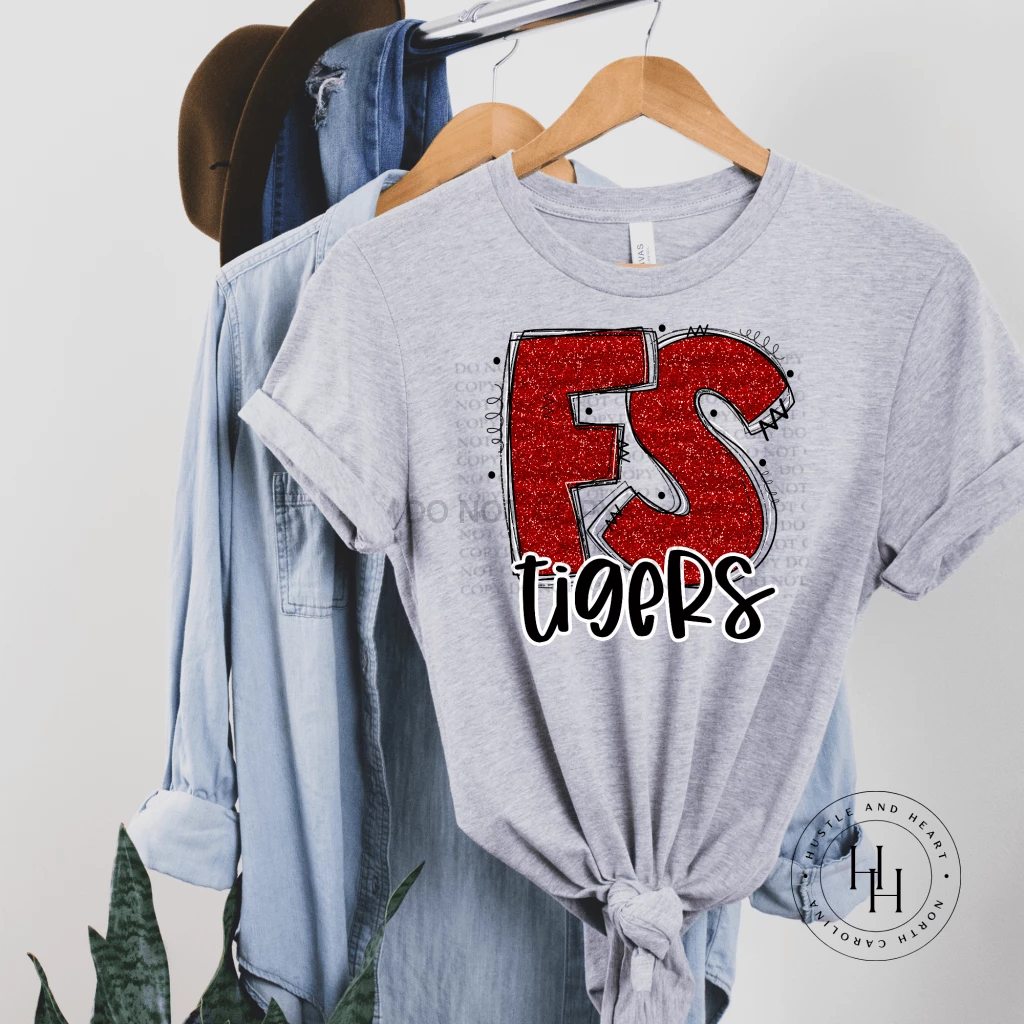 Hustle & Heart NC School Doodle Designs Tigers Red Glitter Varsity Doodle