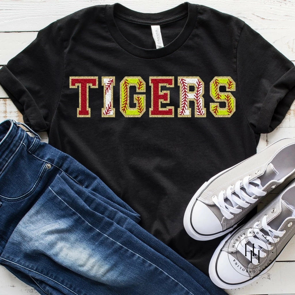 Hustle And Heart NC Tigers Red/Baseball/Softball Black Faux Chenille Letters Graphic Tee Faux Chenille And Glitter Letter Patch Tees