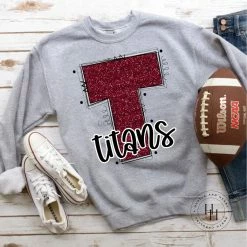 Hustle & Heart NC School Doodle Designs Titans Maroon Glitter Varsity Doodle