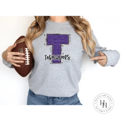 Hustle & Heart NC Tornadoes Purple/Gold Glitter Varsity Doodle