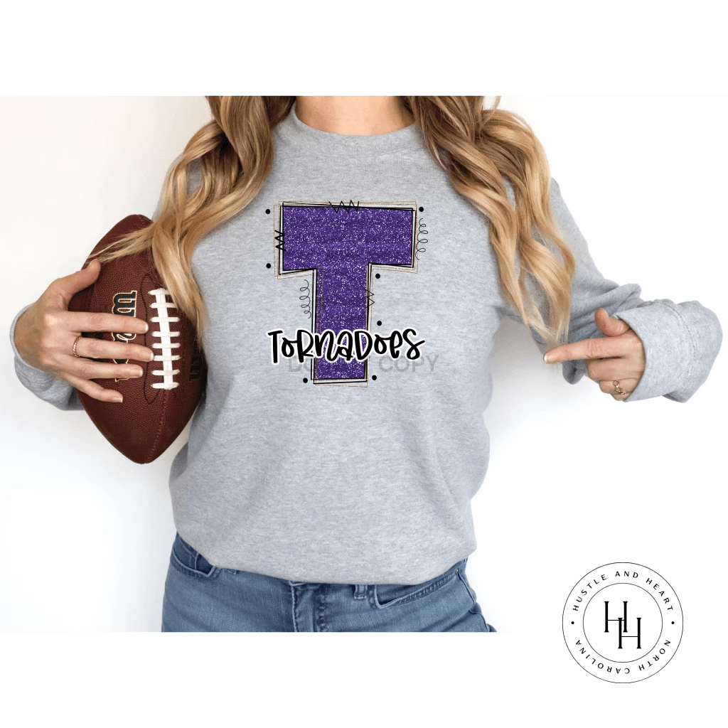 Hustle & Heart NC Tornadoes Purple/Gold Glitter Varsity Doodle