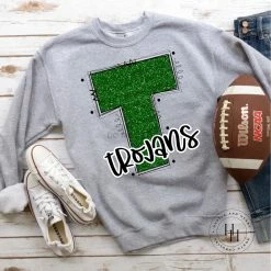 Hustle & Heart NC Trojans Green Glitter Varsity Doodle