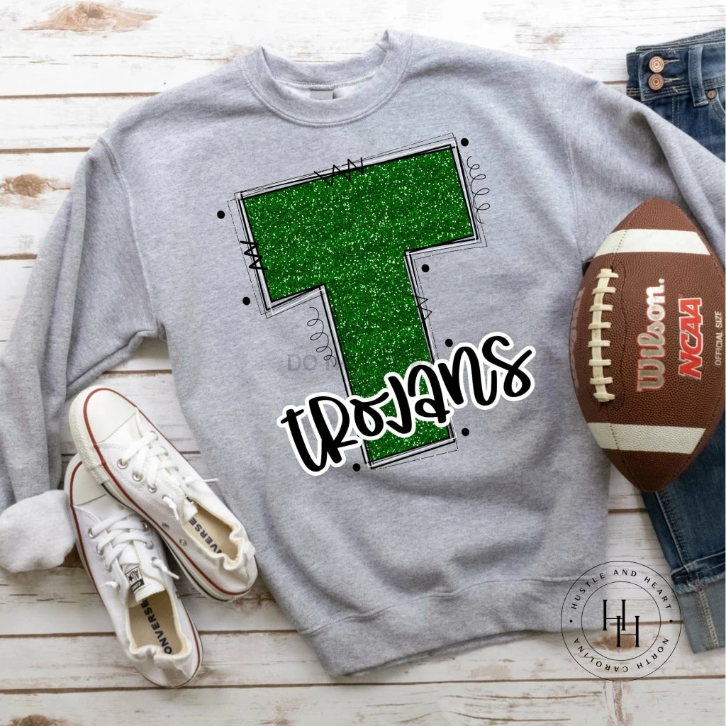 Hustle & Heart NC Trojans Green Glitter Varsity Doodle