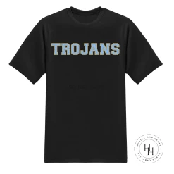 Hustle And Heart NC Trojans Light Blue/Gold Faux Chenille Letters Graphic Tee Faux Chenille And Glitter Letter Patch Tees