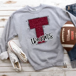 Hustle & Heart NC Trojans Maroon Glitter Varsity Doodle