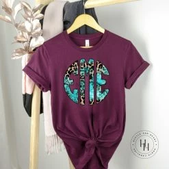 Hustle & Heart NC Turquoise Leopard Monogram Graphic Tee- Maroon Shirt Monogram Tees