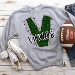 Hustle & Heart NC School Doodle Designs Vikings Green/Gold Glitter Varsity Doodle