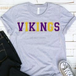 Hustle And Heart NC Faux Chenille And Glitter Letter Patch Tees Vikings Purple/Yellow/Gold Faux Chenille Letters Graphic Tee