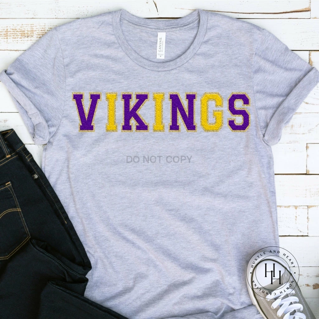 Hustle And Heart NC Faux Chenille And Glitter Letter Patch Tees Vikings Purple/Yellow/Gold Faux Chenille Letters Graphic Tee