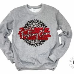 Hustle & Heart NC Vineland Fighting Clan Red/White With Black Outline Faux Glitter Leopard Circle Designs