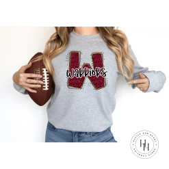 Hustle & Heart NC School Doodle Designs Warriors Maroon Glitter Varsity Doodle