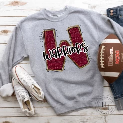 Hustle & Heart NC School Doodle Designs Warriors Maroon Glitter Varsity Doodle