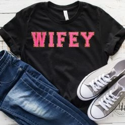 Hustle And Heart NC Wifey Hot Pink Faux Chenille Letters Graphic Tee