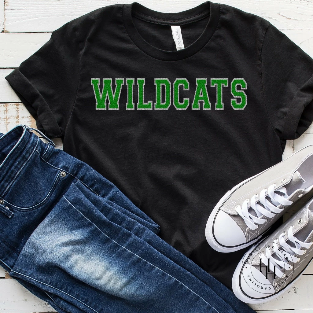 Hustle And Heart NC Wildcats Green/Silver Faux Chenille Letters Graphic Tee Faux Chenille And Glitter Letter Patch Tees