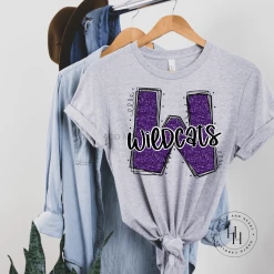 Hustle & Heart NC School Doodle Designs Wildcats Purple Glitter Varsity Doodle