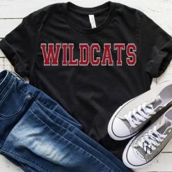 Hustle And Heart NC Faux Chenille And Glitter Letter Patch Tees Wildcats Red/Silver Faux Chenille Letters Graphic Tee