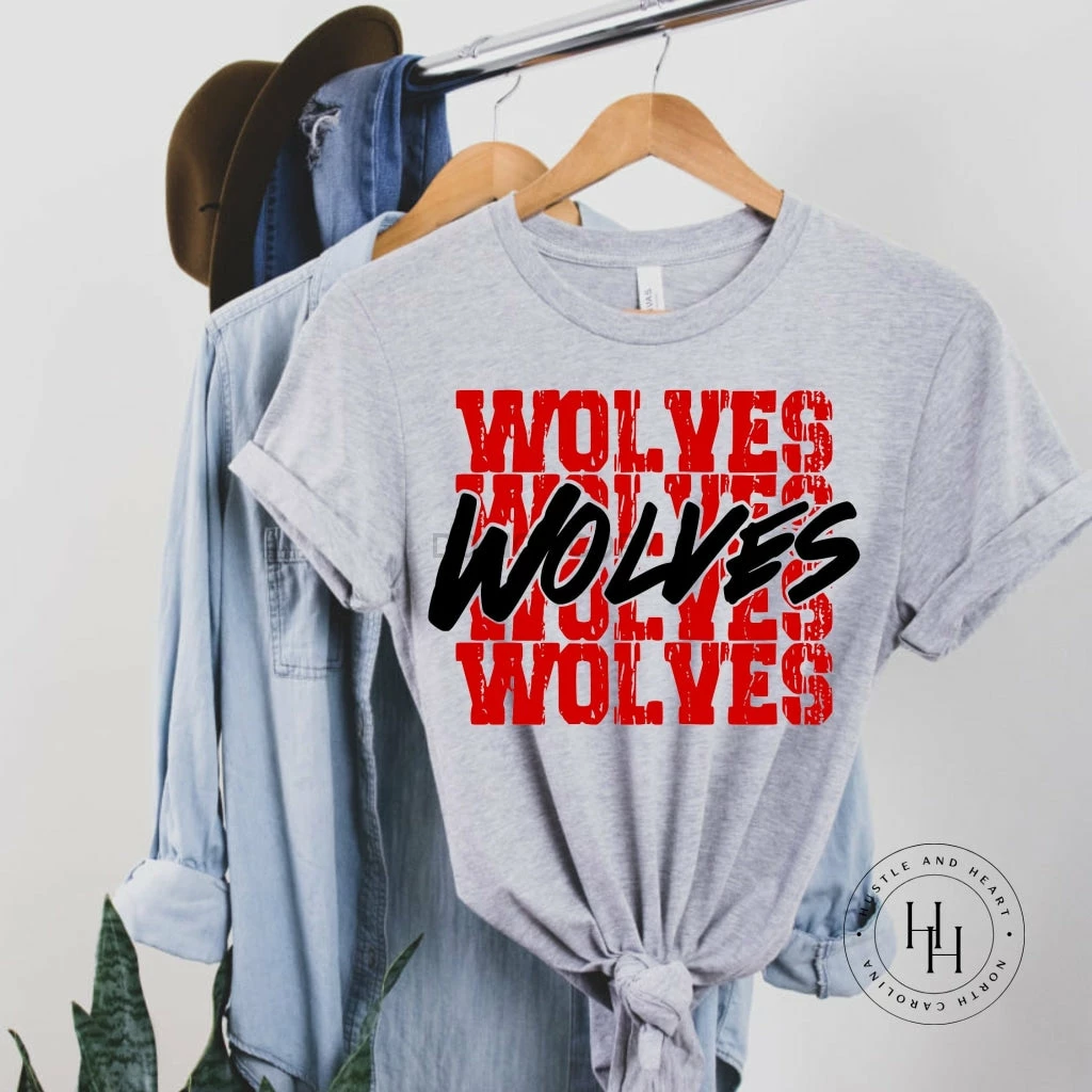 Hustle And Heart NC Wolves Red Stacked Mascot Graphic Tee Stacked Mascot Designs